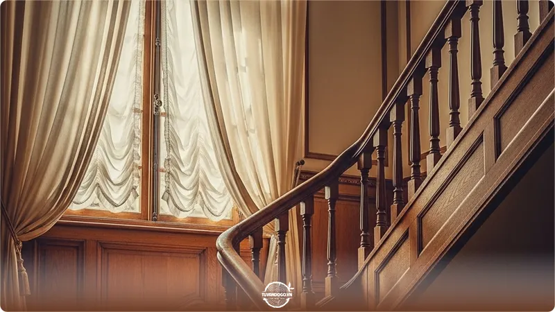 Cầu thang gỗ gần cửa sổ được che chắn bằng rèm để tránh ánh nắng trực tiếp