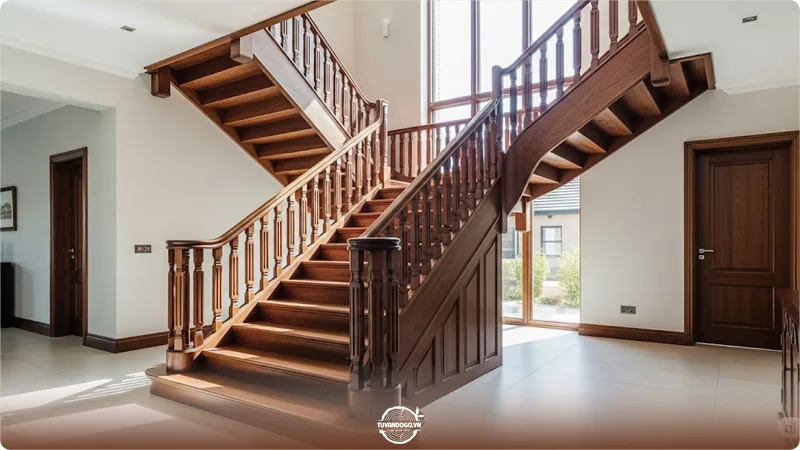 Cầu thang gỗ sang trọng là điểm nhấn chính trong thiết kế nhà hiện đại