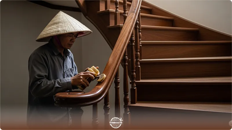 Đánh bóng cầu thang gỗ định kỳ bằng sáp chuyên dụng để tăng độ bền và bóng