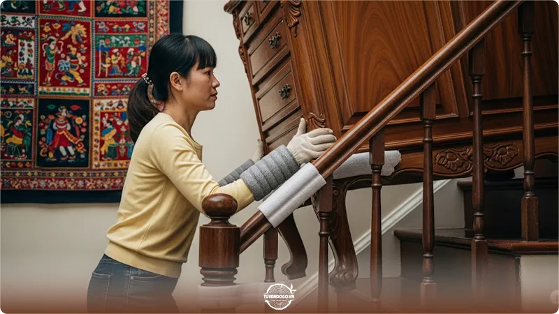 Người cẩn thận di chuyển đồ đạc lớn để tránh làm trầy xước cầu thang gỗ