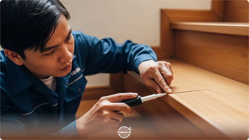 Sử dụng keo trám để khắc phục vết nứt nhẹ trên cầu thang gỗ