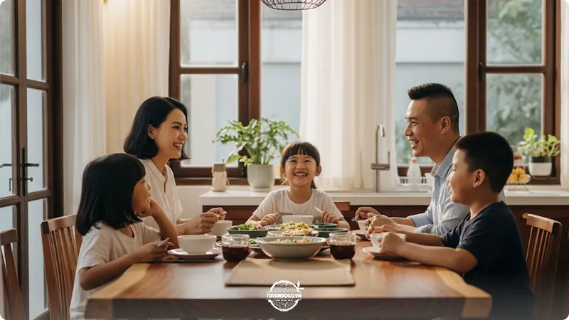 Bàn ăn gỗ tự nhiên sang trọng trong không gian bếp hiện đại của gia đình Việt