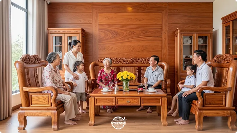 Bộ bàn ghế phòng khách Gõ Đỏ sang trọng, ấm cúng cho gia đình Việt