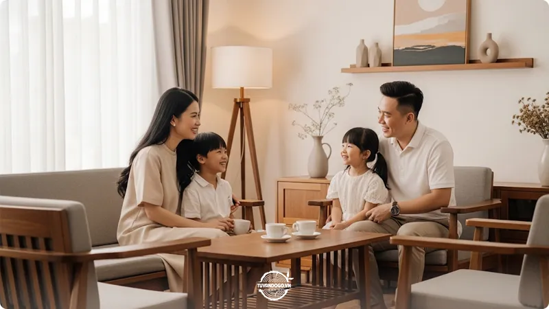 Gia đình Việt quây quần bên bộ bàn ghế gỗ phòng khách hiện đại