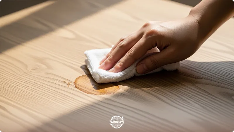 Vết nước hoặc dấu hiệu hao mòn nhỏ trên bề mặt bàn ăn gỗ cần được bảo quản
