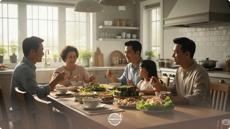 Gia đình quây quần bên bộ bàn ăn gỗ hiện đại ấm cúng