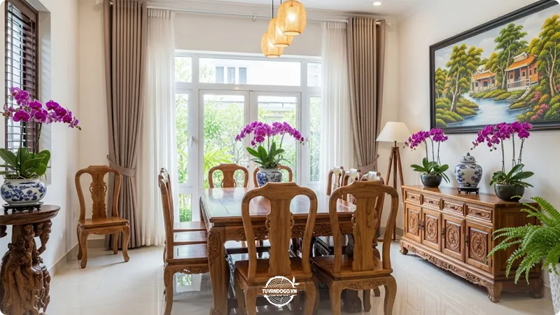 Bố trí bàn ăn gỗ hài hòa trong không gian nội thất Việt
