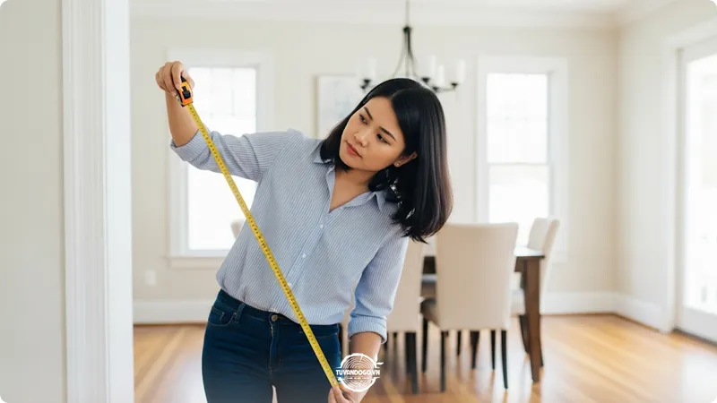 Người phụ nữ Việt Nam đo đạc không gian chọn bàn ăn