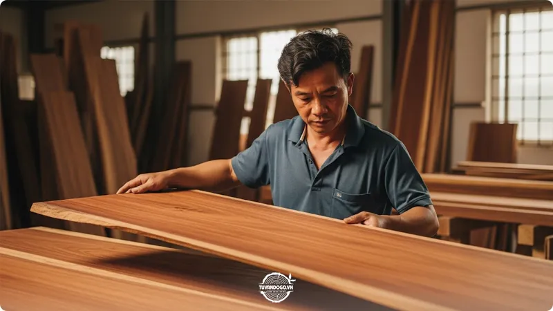 Người thợ kiểm tra chất lượng Gỗ Gõ Đỏ thật