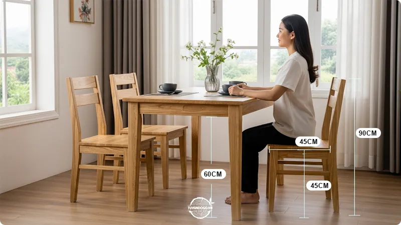 Chiều cao bàn ăn và ghế ngồi gỗ tiêu chuẩn cho người Việt