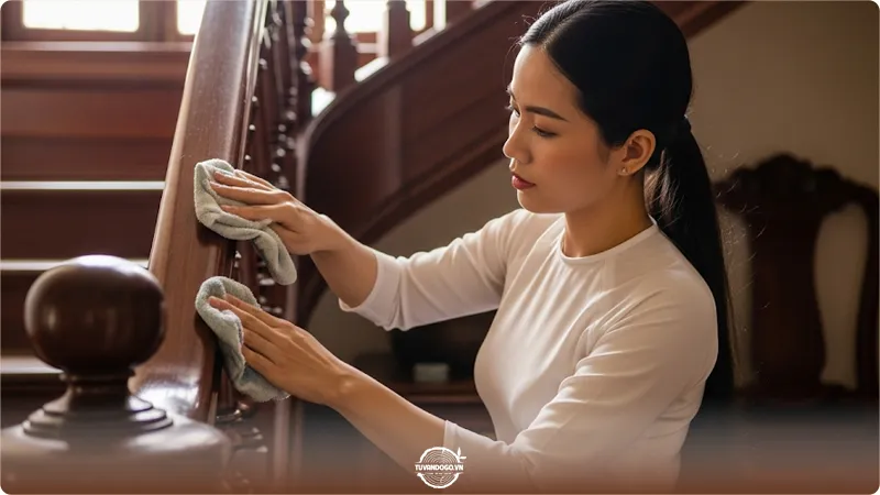 Người dùng khăn ẩm mềm để vệ sinh cầu thang gỗ hàng ngày