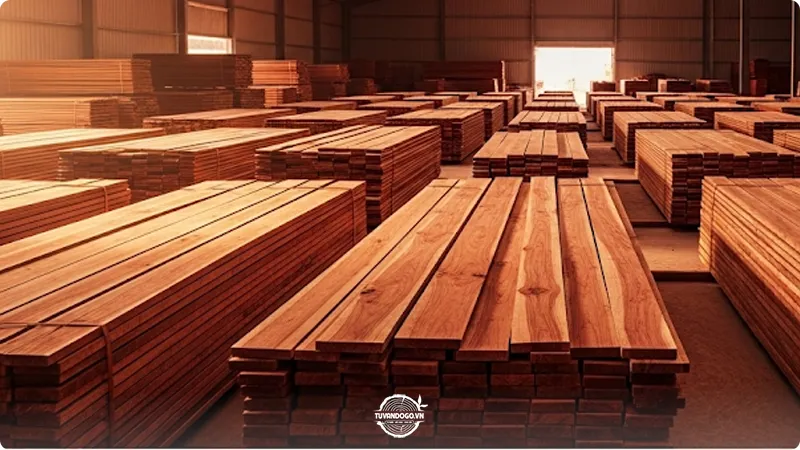Kho gỗ Gõ Đỏ đã xẻ phách thể hiện giá trị kinh tế