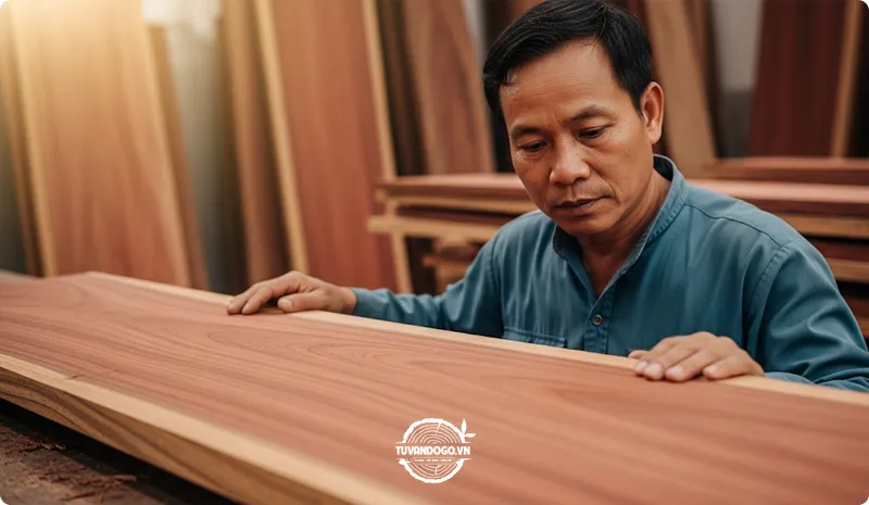Thợ mộc Việt Nam kiểm tra chất lượng gỗ hương đỏ quý hiếm