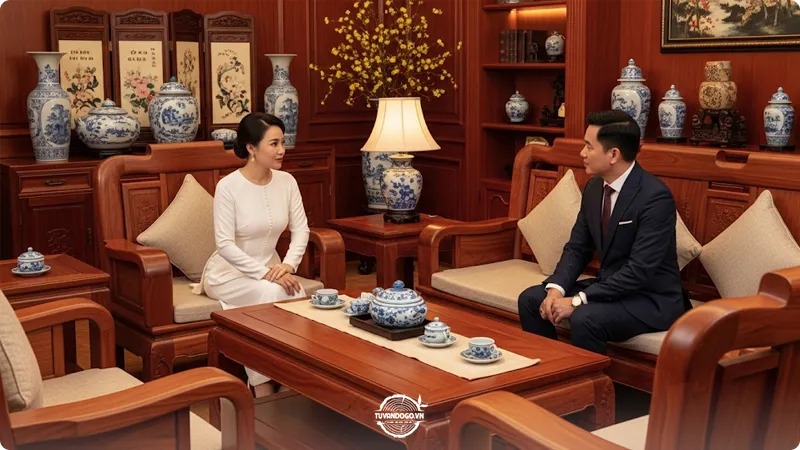 Nội thất gỗ Gõ Đỏ sang trọng, ấm cúng trong phòng khách phong cách truyền thống Việt