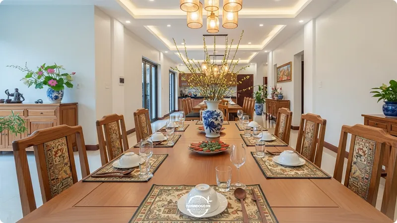 Bàn ăn gỗ hình chữ nhật lớn cho gia đình đông người