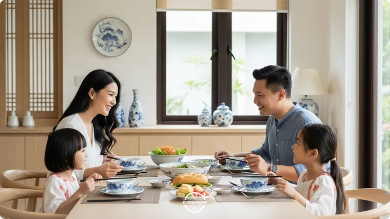 Gia đình Việt quây quần bên bàn ăn gỗ tiêu chuẩn ấm cúng