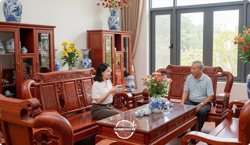Bộ bàn ghế phòng khách cao cấp làm từ gỗ hương đỏ