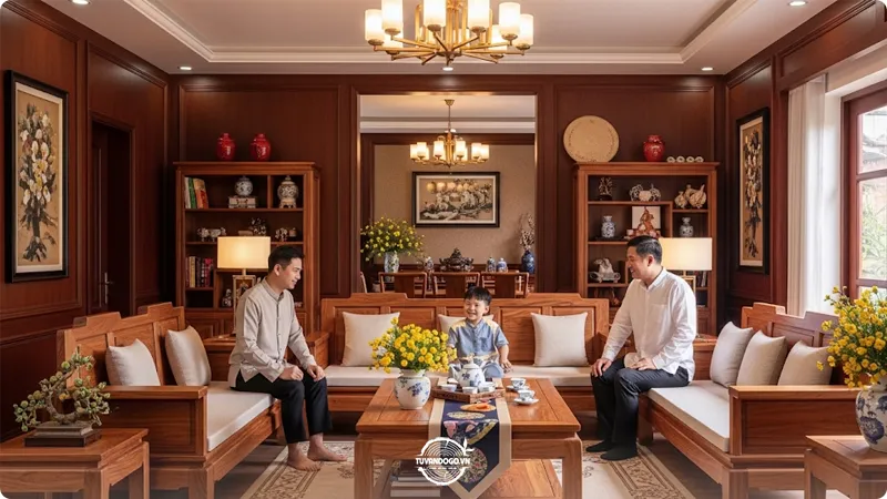 Bộ bàn ghế gỗ Hương sang trọng trong phòng khách Việt