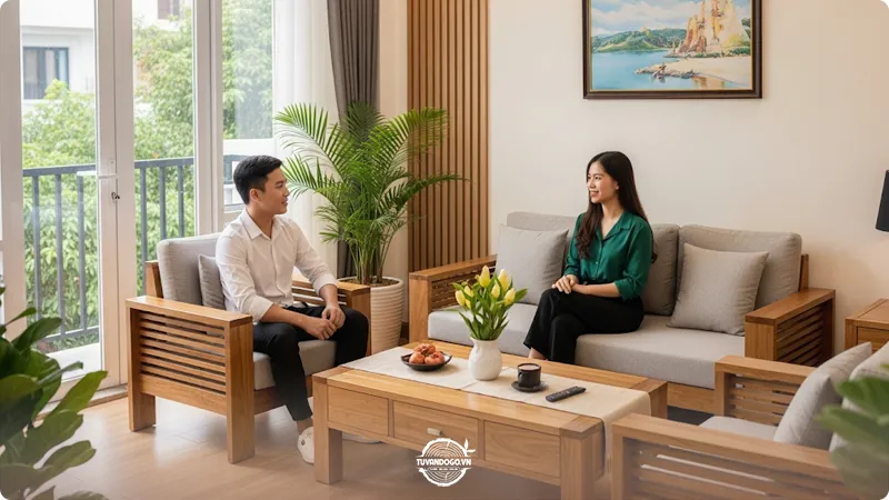 Nội thất phòng khách sang trọng, ấm cúng với đồ gỗ tự nhiên
