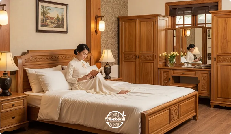 Giường ngủ và tủ quần áo gỗ Sến cho phòng ngủ ấm cúng