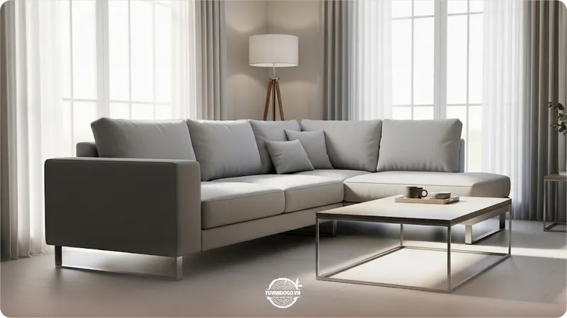Mẫu kê bàn ghế phòng khách hiện đại với sofa chữ L