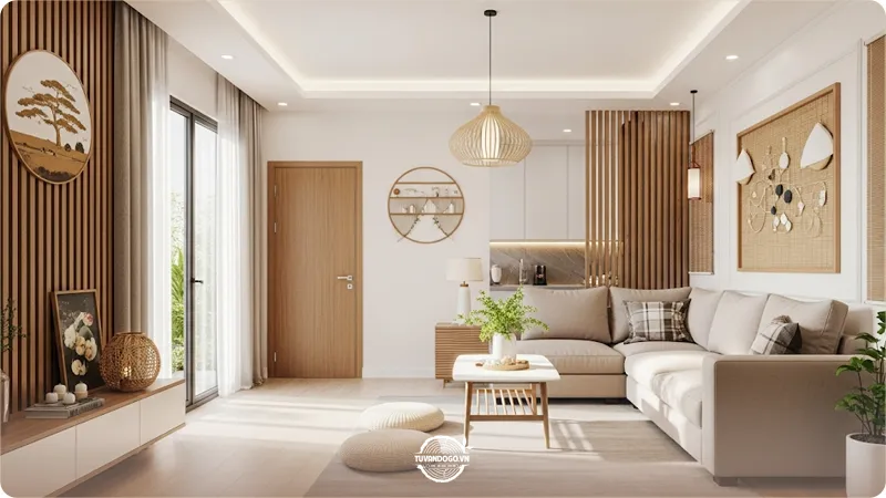 Phòng khách chung cư với sofa góc chữ L kê sát tường tối ưu không gian