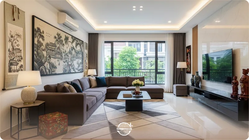 Bố trí sofa chữ L/chữ U trong phòng khách nhà phố rộng rãi