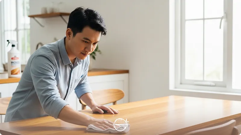 Vệ sinh bàn ăn gỗ đúng cách bằng khăn mềm và dung dịch