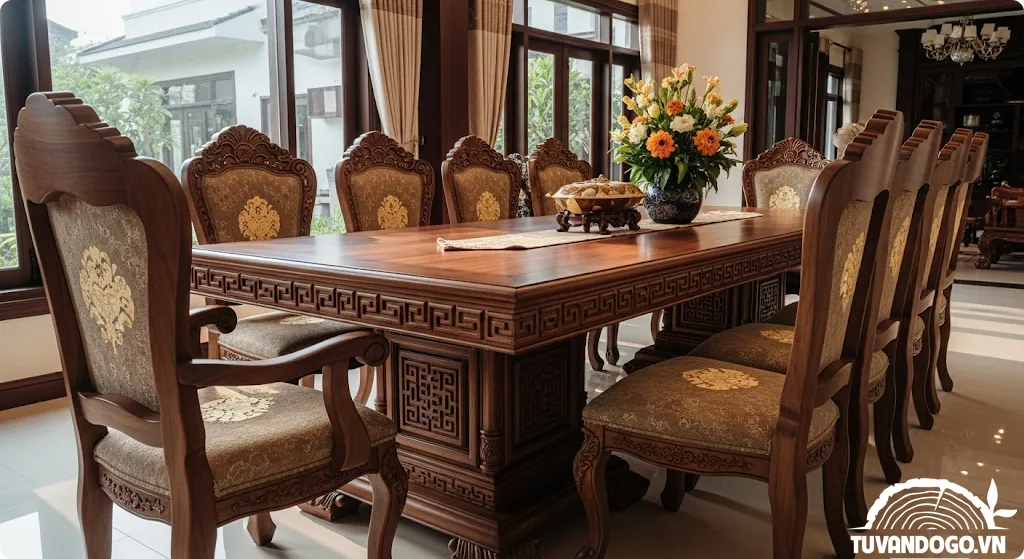 Bàn ăn gỗ phong cách Baroque chạm khắc tinh xảo