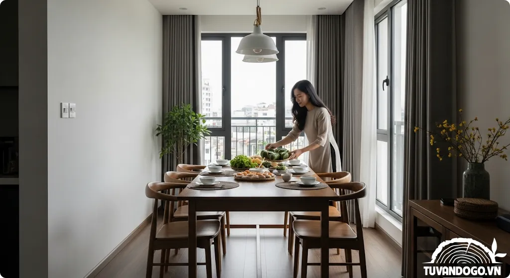 bàn ăn gỗ chữ nhật tối ưu không gian hẹp