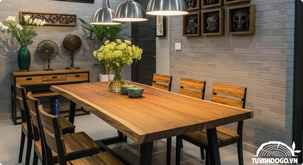 Bàn ăn gỗ Industrial cá tính chân sắt