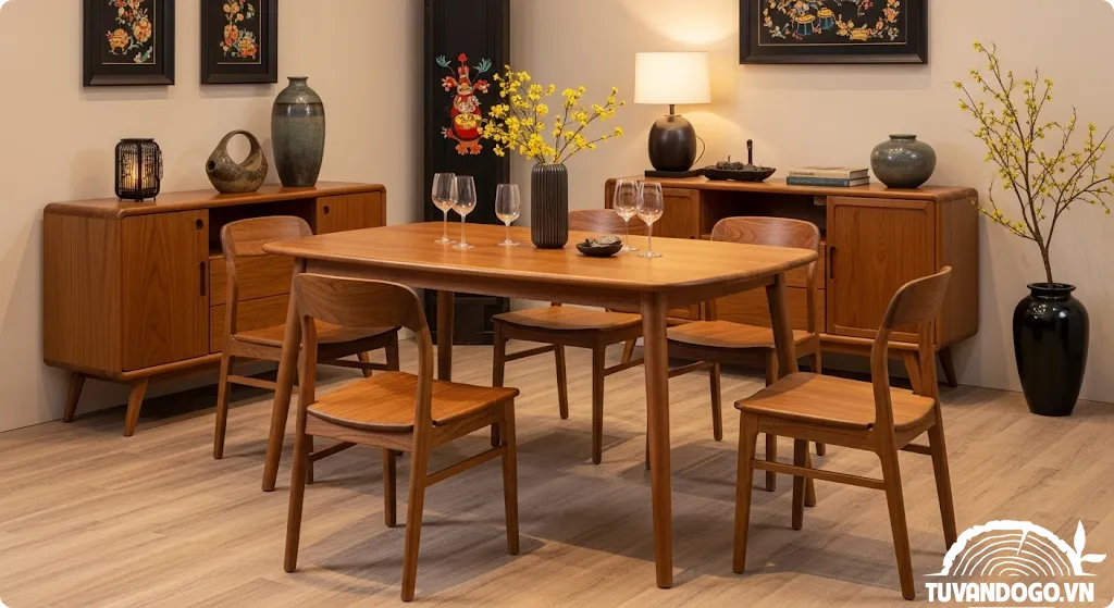 Bàn ăn gỗ Mid-century Modern hoài cổ hiện đại