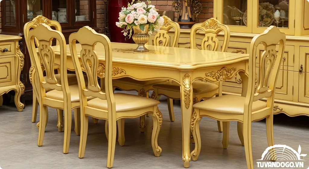 Bàn ăn gỗ phong cách Rococo tinh xảo nhẹ nhàng