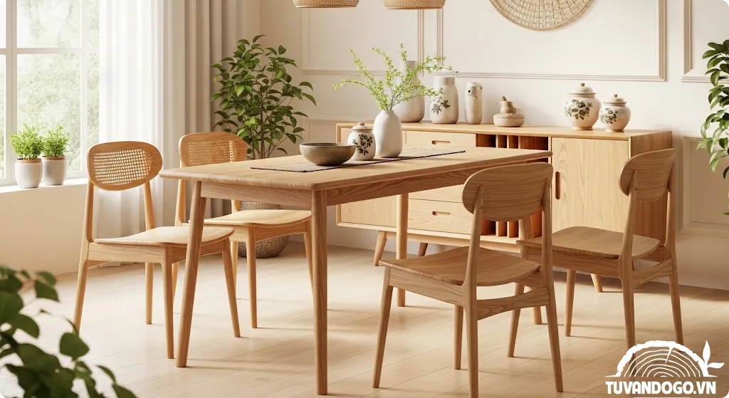 Bàn ăn gỗ Scandinavian tối giản cho không gian Việt