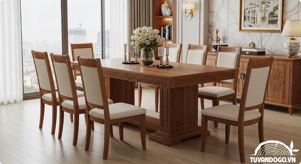 Bàn ăn gỗ tân cổ điển sang trọng cho căn hộ Việt