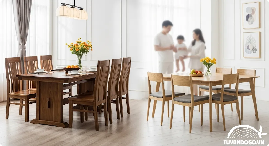 Bàn ăn gỗ tự nhiên và gỗ công nghiệp trong không gian gia đình Việt