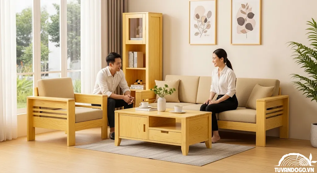Bộ bàn ghế phòng khách gỗ Cao Su tối giản và kinh tế