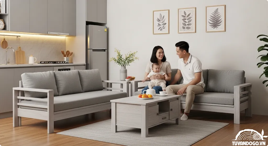 Bộ bàn ghế gỗ công nghiệp hiện đại trong phòng khách chung cư