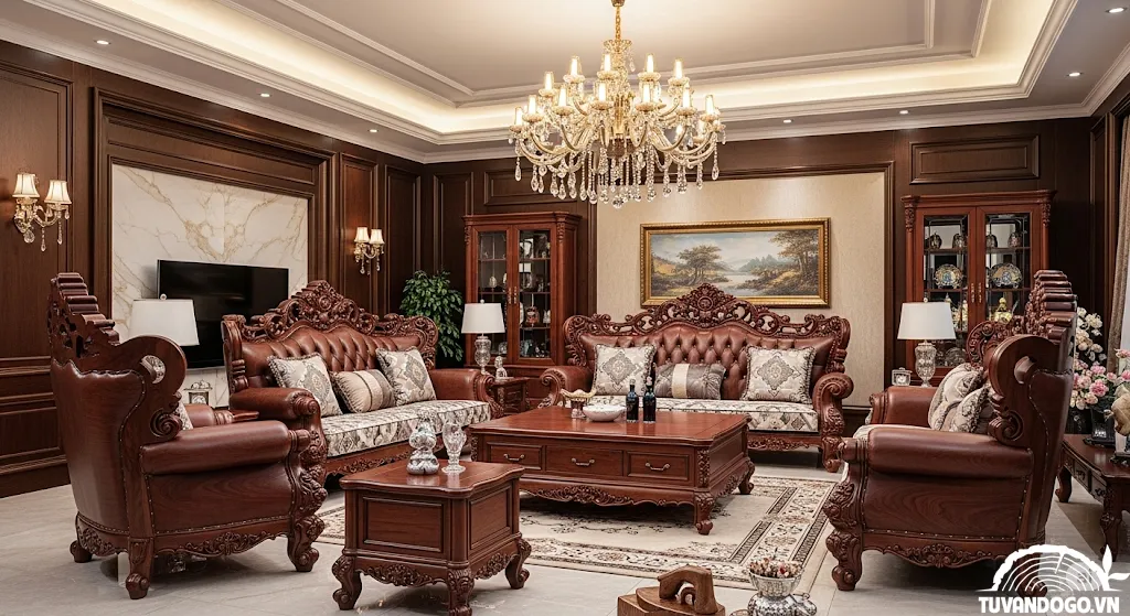Bộ bàn ghế phòng khách gỗ Gõ Đỏ quyền quý và chạm khắc tinh xảo