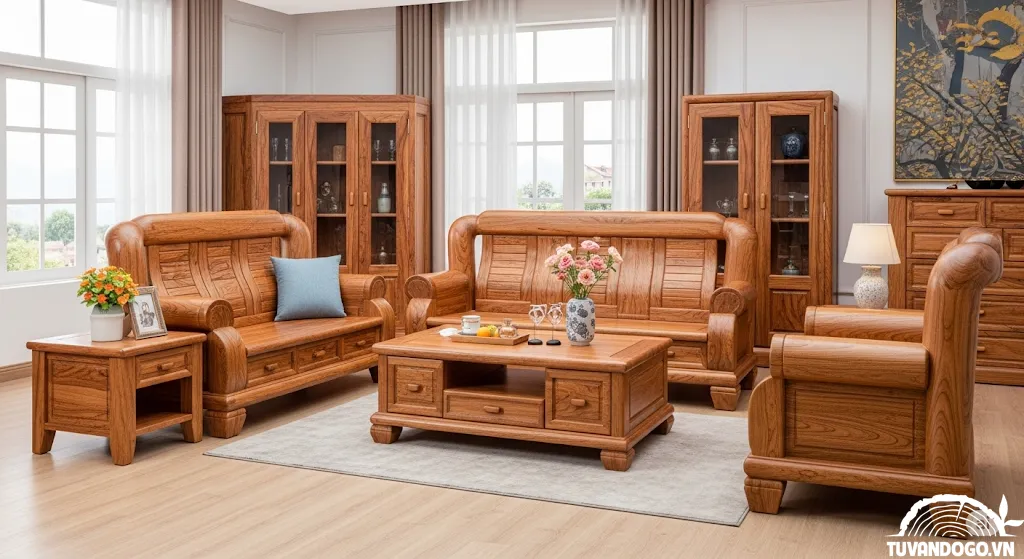 Bộ bàn ghế phòng khách gỗ Hương sang trọng và ấm áp