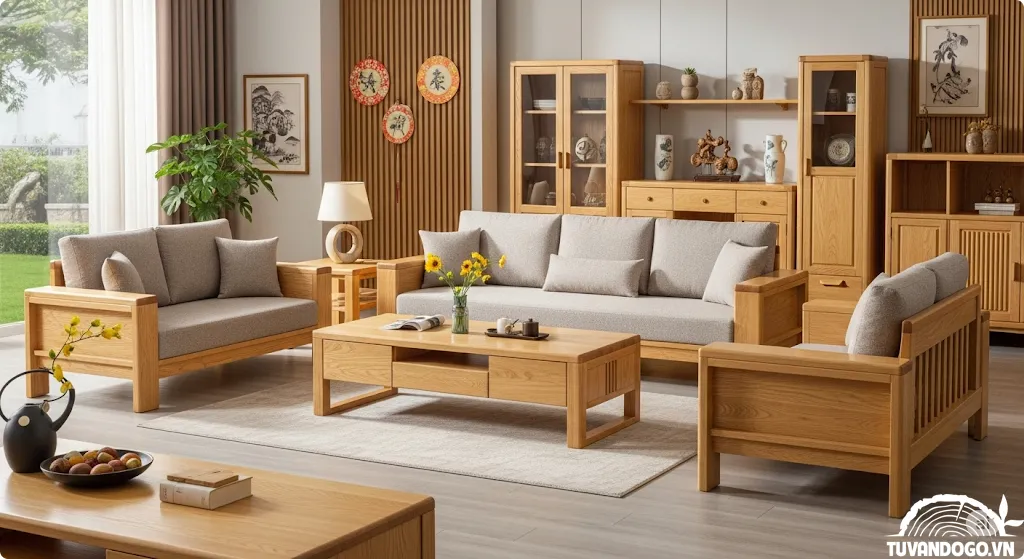 Bộ bàn ghế phòng khách gỗ Sồi hiện đại và thanh lịch