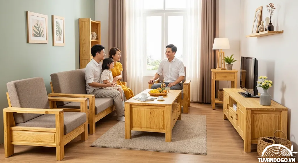 Bộ bàn ghế phòng khách gỗ Tràm đơn giản và mộc mạc