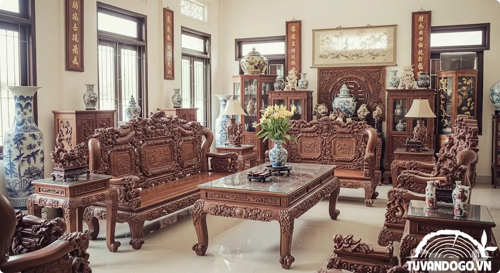 Bộ bàn ghế gỗ phòng khách truyền thống Việt Nam đục chạm tinh xảo