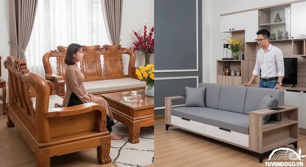 Bàn ghế gỗ tự nhiên và gỗ công nghiệp trong phòng khách
