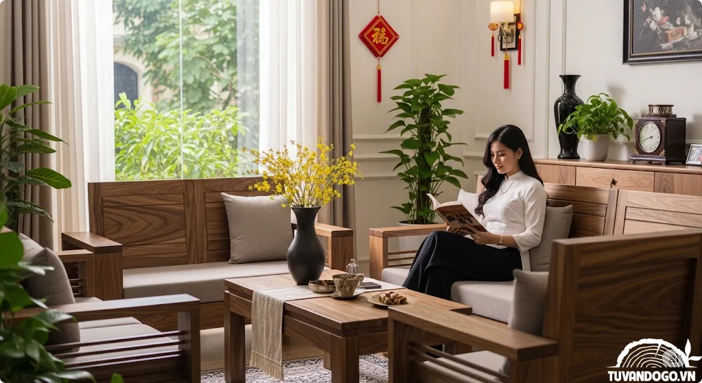 Bộ bàn ghế gỗ óc chó tự nhiên sang trọng trong phòng khách