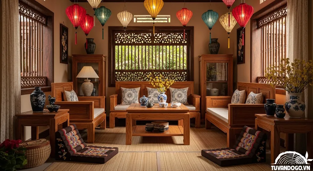 Bộ bàn ghế phòng khách gỗ Xoan Đào ấm áp và truyền thống