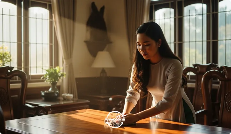 Người phụ nữ Việt Nam đang lau chùi và bảo quản đồ nội thất gỗ xà cừ trong nhà