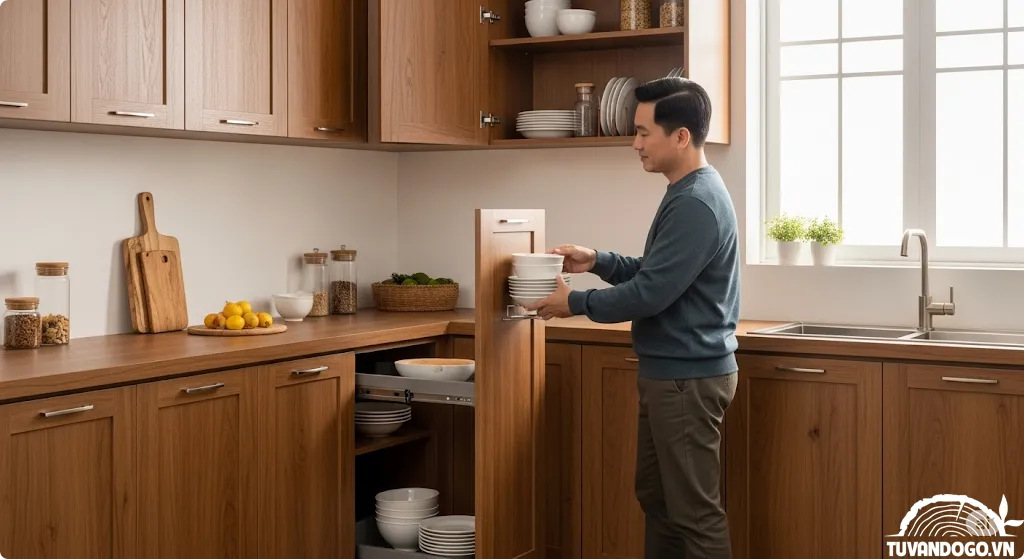 Bố cục bếp chữ L U với phụ kiện góc thông minh
