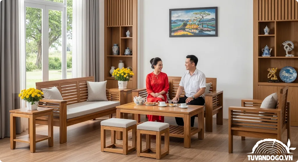 Bộ bàn ghế gỗ 6 món phòng khách hiện đại phong cách thuần Việt