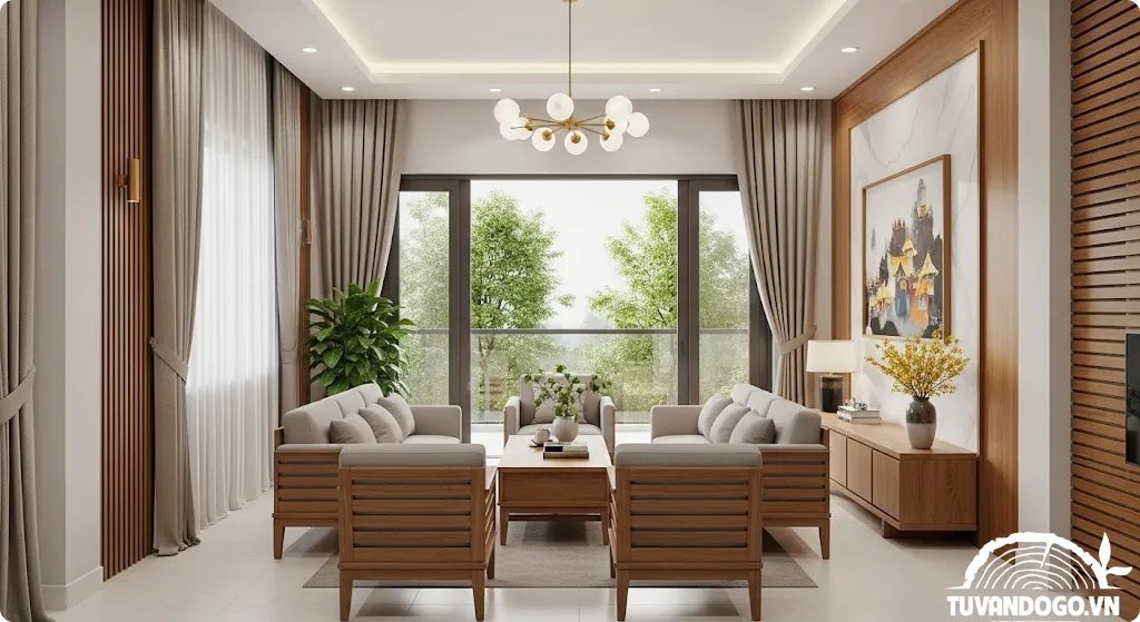 Bố cục bộ bàn ghế 6 món phòng khách hình chữ nhật
